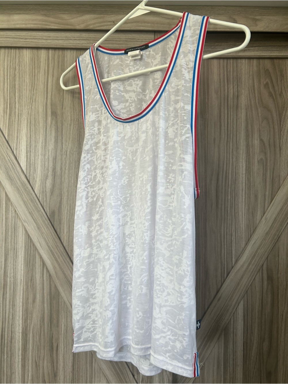 Andrew Christian White Sheer Tank Top with Red and Blue Trim